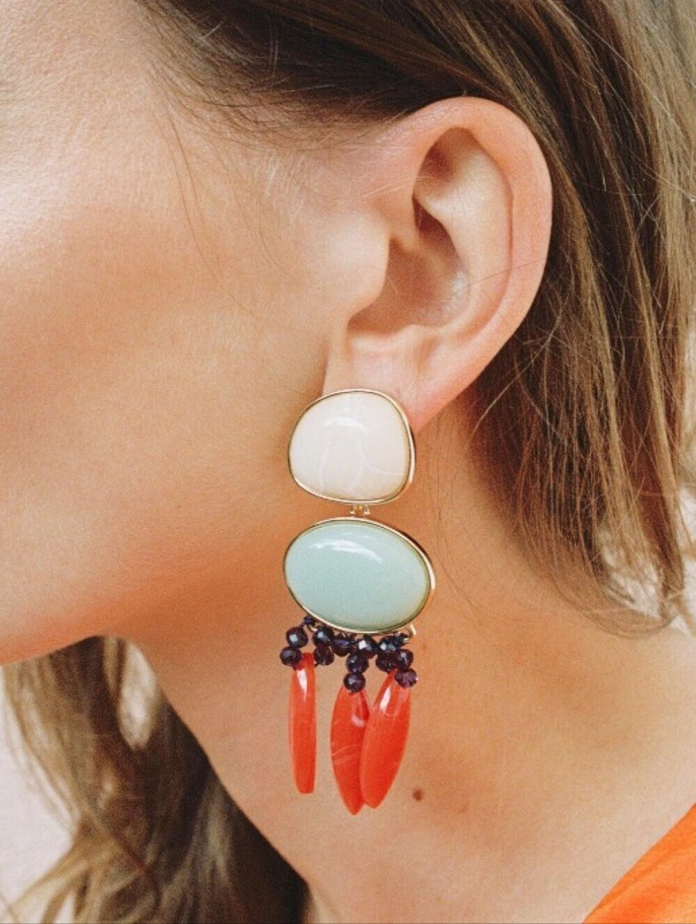 Zara Statement Coral Drop Earrings with Mint and Cream Resin Stones
